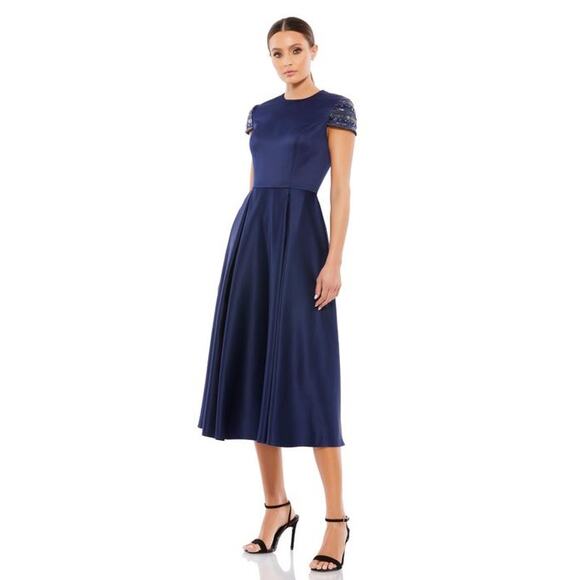 Mac Duggal Jewel Box Evening Dress Midi Beaded Sleeves A Line Navy Blue 14 NWT - Picture 1 of 8
